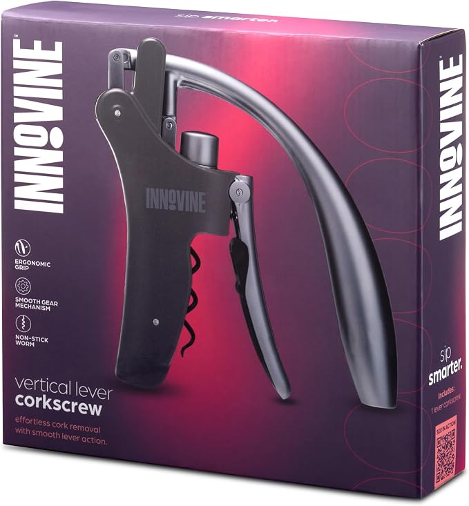 Innovine Vertical Corkscrew Wine Opener with Easy Motion Lever Handle, Heavyweight and Durable Construction for Home Bar, Kitchen, Outdoor Party, Housewarming Gifts, Travel, Set of 1, Black