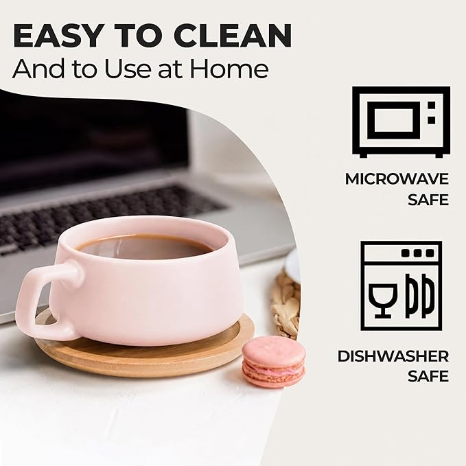 MIAMIO - Cappuccino Cup Set of 4, Ceramic Mugs (9.5oz) - Luxe (Cream Rose) | Ceramic cappuccino cups with saucers, wide latte cups and mugs for Americano, 4-piece set of ceramic cups - dishwasher safe