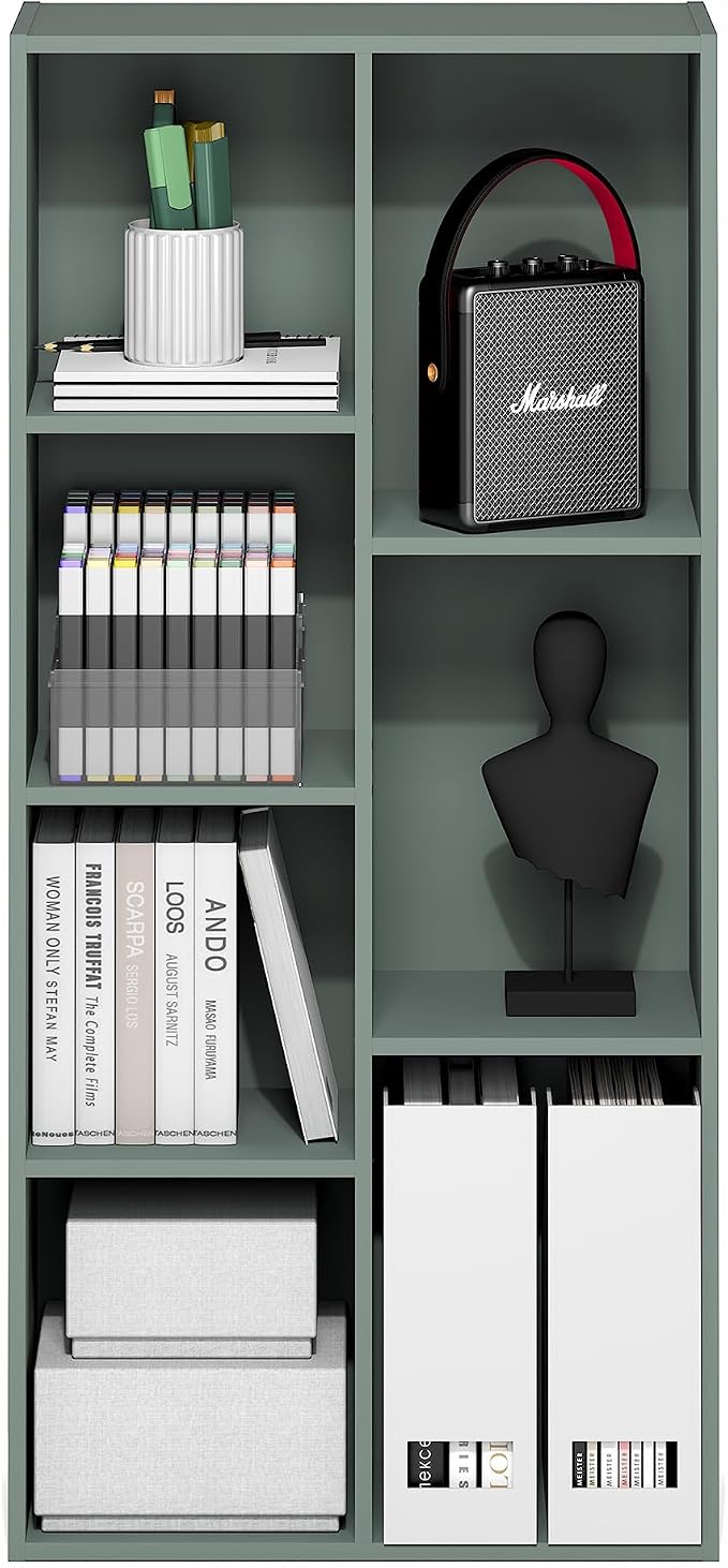 Furinno LUDER Book Shelf, 7-Cube Bookshelf, Bookcase with Open Shelves, 9.4 x 19.5 x 41.7, Easy Assembly, for Living Room, Bedroom, Home Office, Sage Green