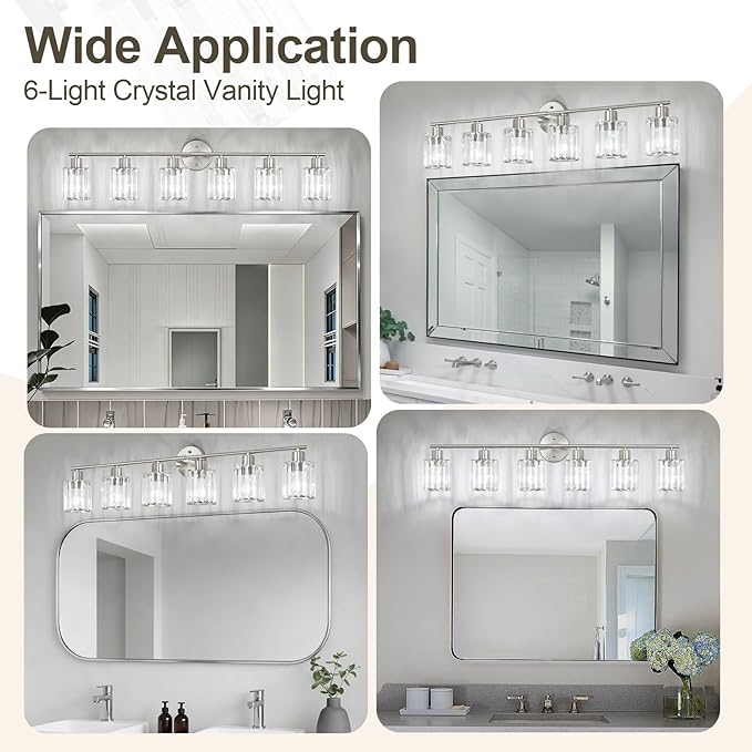 Crystal Bathroom Light Fixtures,Bathroom Lighting Fixtures Over Mirror, Modern 6-Light Brushed Nickel Vanity Lights for Mirror, Restroom,Kitchen(Ceramic E26 Socket,Bulbs Not Include)