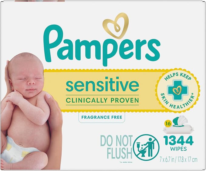 Pampers Sensitive Baby Wipes, Clinically Proven, Fragrance Free, Unscented, Water Based, Hypoallergenic, Multi-Use, Hand Wipes 1344 Wipes Total (24X Flip-Top Packs) [Packaging May Vary]