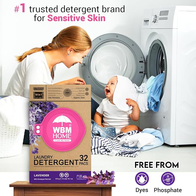 WBM 10-in-1 Laundry Detergent Pods, Fabric Softener with Lavender Extracts, High-Efficiency Laundry Pods with Powerful Stain Lifter Technology - 32 Count Bag