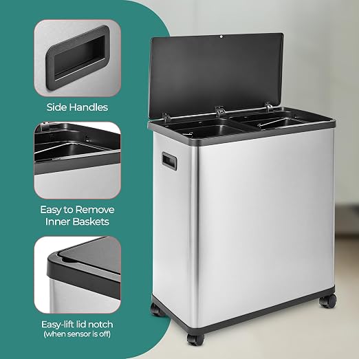HOLDN’ STORAGE 60L Dual Kitchen Trash & Recycling Bin, Motion Sensor Opening, Soft-Close Lid, Removable Inner Buckets, Stainless Steel, 2 Trash Bag Rolls Included