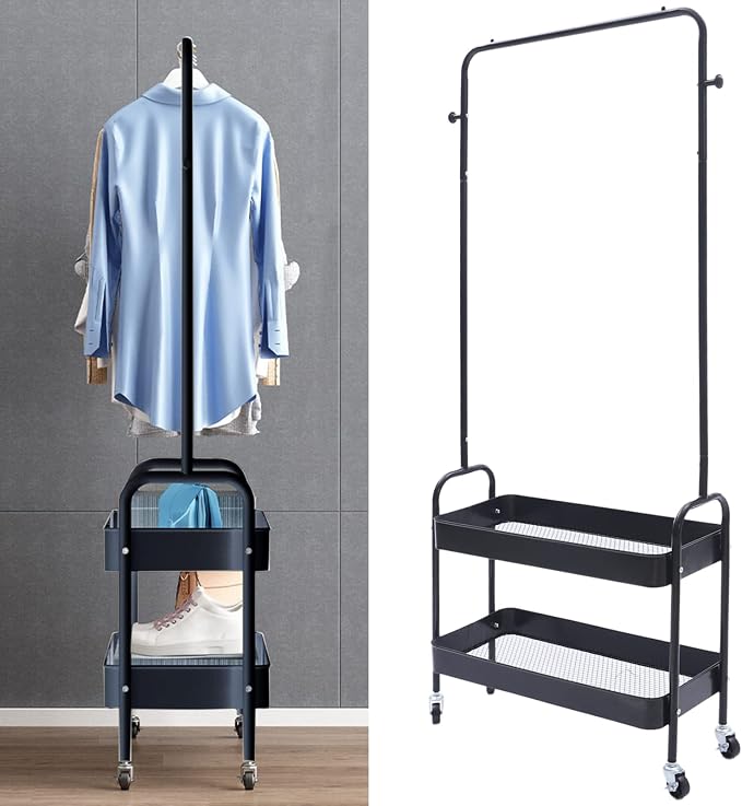 Clothing Rack, Portable Hanging Storage Organizer Garment Rack Clothing Racks with 2 Tier Basket Floor Standing Clothing Rack with Wheels for Home Bedroom Laundry (Black)