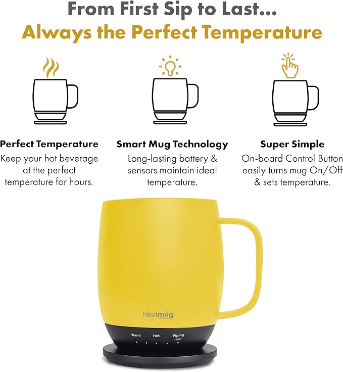 Nextmug - Temperature-Controlled, Self-Heating Coffee Mug (Sunshine - 14 oz.)