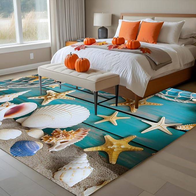 5 x 7 Ft Area Rug for Bedroom, Beach Starfish Indoor Accent Rugs for Living Room, Ocean Conch Fishing Net Blue Wood Grain Decorative Modern Carpet Washable Low Pile Non Slip Rug for Dining Room