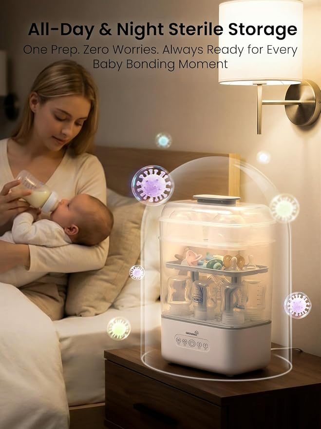 Grownsy 3 Layers-Large Bottle Sterilizer and Dryer, Holds 6 to10 Bottles, Nesting Design Bottle Sanitizer Esterilizador de Biberones for Breast Pump Sterilizer Bags Bottle Brush Included