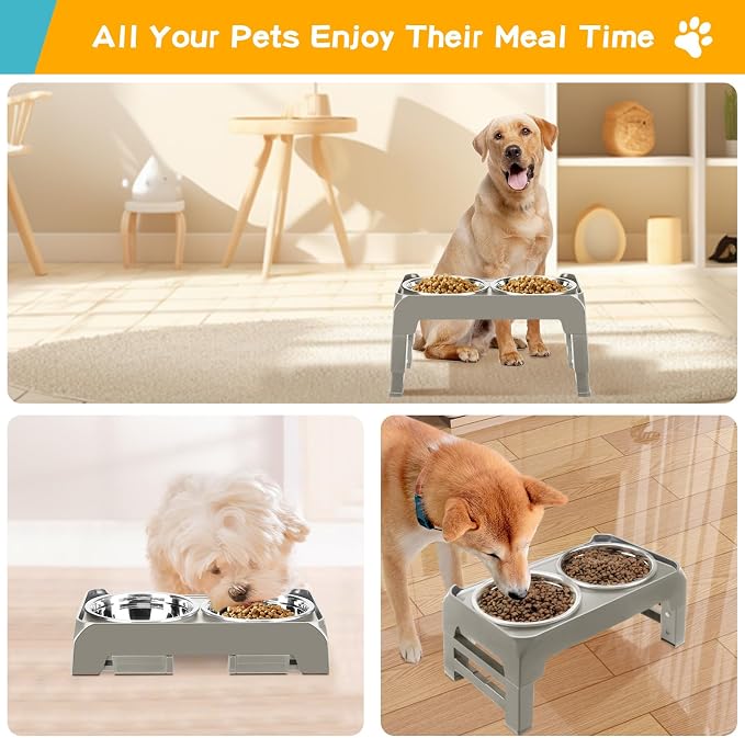 Elevated Dog Bowls for Small Dogs 3 Height Adjustable Raised Dog Bowl Stand with 25oz Stainless Steel Food Bowls Anti-Slip Small Dogs Feeder Adjusts to 7.5", 6", 2.75", Light Brownish Gray