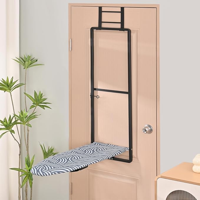 KINGBOARD Over Door Ironing Board, Hanging Ironing Board with Iron Holder, 36" X 12" Compact Fold Down Iron Board for Small Spaces, Removable Heat Resistant Cover, Blue