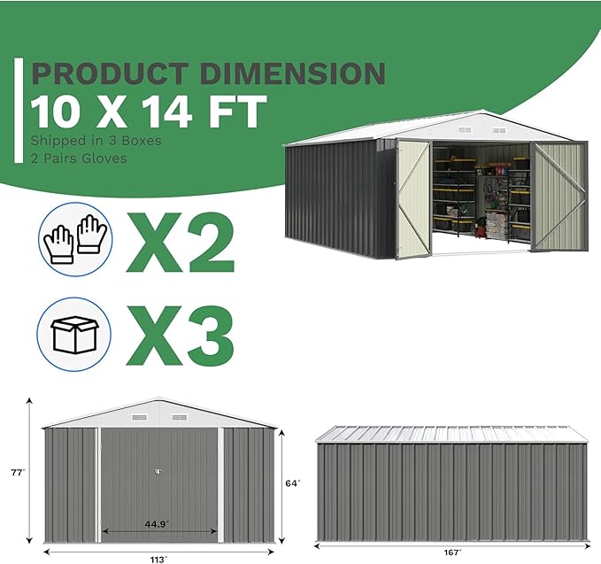 Patiowell 10x14 FT Outdoor Storage Shed, Large Metal Garden Shed with Lockable Door and Sloping Roof, Outside Steel Utility Tool Sheds for Backyard Lawn Garden Patio, Grey