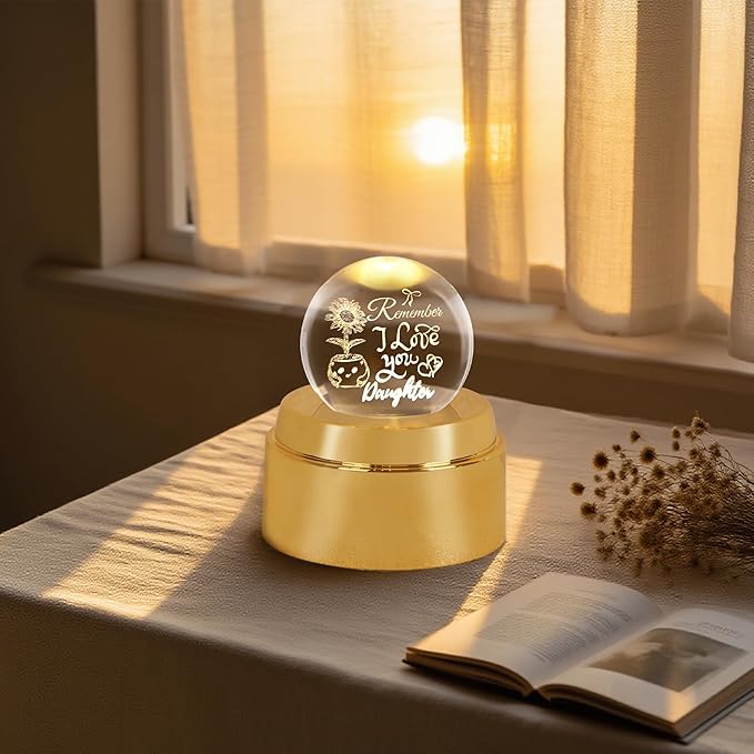 ZHSHWAT Gifts for Daughter,Engraved Crystal Ball Night Light with Rotating Glowing Base - Sunflower Design, USB Powered Decor, Ideal Christmas Birthday Daughter Gifts from Mom Dad