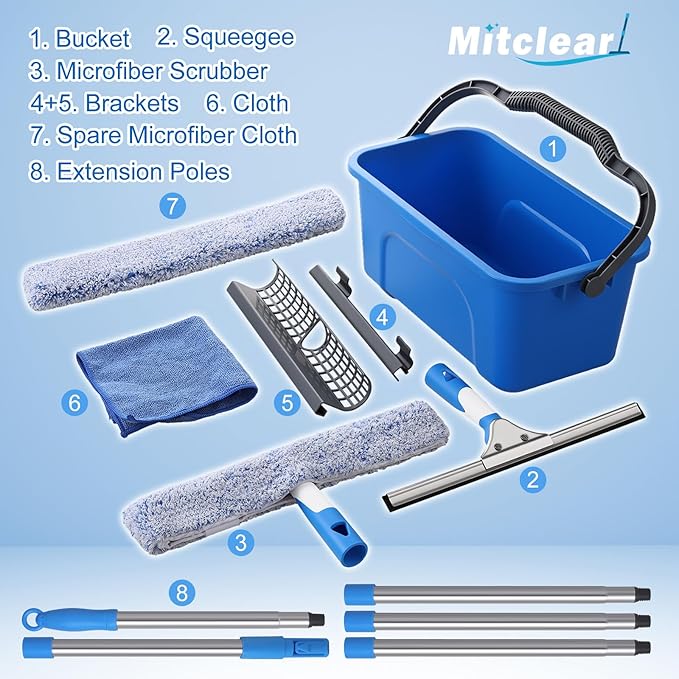 Mitclear Professional Window Cleaning Kit with Bucket 3 Gallon, 14" Window Squeegee Microfiber Scrubber with 77" Long Handle, Window Washing Equipment Cleaner Tools for Home Outdoor Car Commercial Use