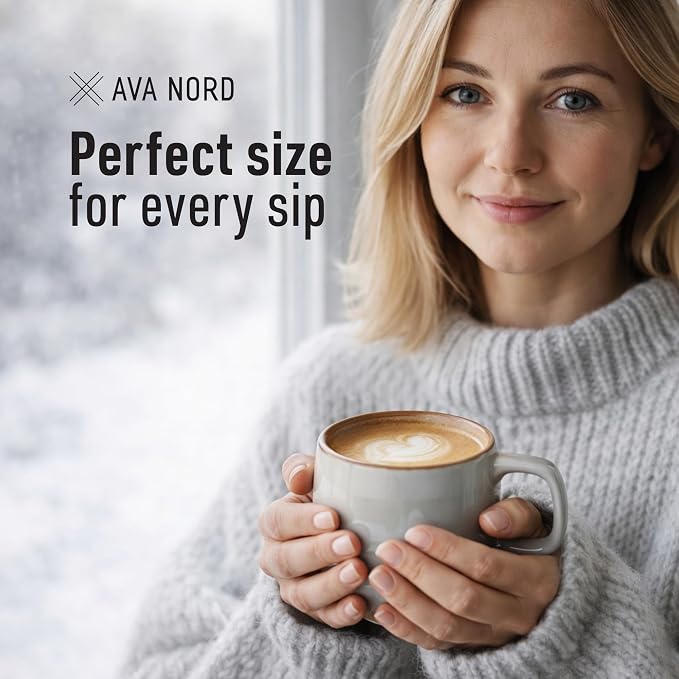 Ava Nord Stoneware Ceramic Coffee Mugs Set of 4 | 12 oz | Sage Ash | Lead-Free, Non-Toxic, Freezer - Microwave & Dishwasher Safe, Comfortable Handle, Aesthetic Nordic Design for Cappuccino