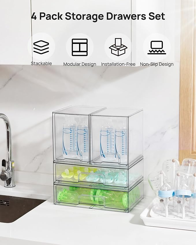 Vtopmart Clear Stackable Storage Drawers Set of 4, Plastic Organizer Bins for Makeup, Cosmetics, Beauty Supplies,Ideal for Vanity, Bathroom,Cabinet,Pantry Organization
