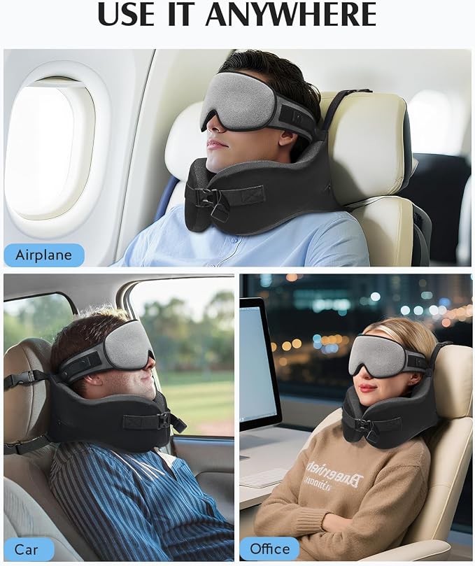 YFONG Travel Pillow for Long Flight Airplane, Head Strap Combo with 3D Contoured Sleep Eye Mask, Neck Pillow for Travel Essential, 360° Support Memory Foam Headrest, Prevent Bobbing, Drawstrap - Grey