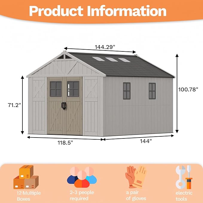 Devoko 10x12 FT Resin Outdoor Storage Shed with Floor, Beige | Large Plastic Garden Shed with Windows & Lockable Door, Multipurpose Tool Storage Shed for Patio Backyard Lawn