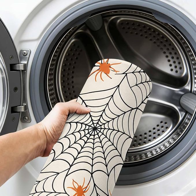 Entryway Area Rug 2'x3', Halloween Washable Small Area Rugs for Kitchen Bathroom Bedroom Office Laundry, Orange Black Net Classic Spiders Gingham Non Slip Door Mat Indoor Entrance Floor Throw Carpet