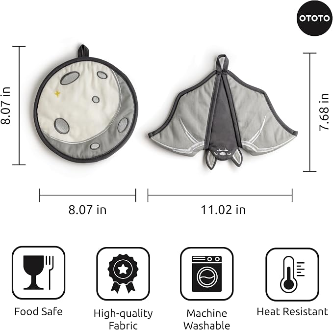 OTOTO Vino Spooky Bat 2-in-1 Wine & Beer Opener, Corkscrew & Bottle Opener, Batlicious Oven Mitts and Pot Holders Sets - Heat Resistant Trivets