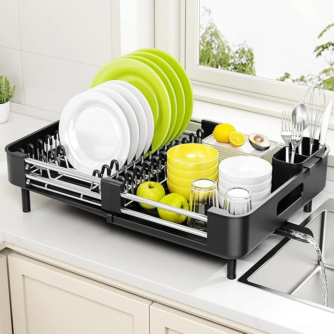 Urackify Stainless Steel Dish Drying Rack - Dish Drainer for Kitchen Counter, Extendable Drainboard with Foldable, Space-Saving Cup & Bowl Organizer, Includes Knife and Utensil Holder, Black