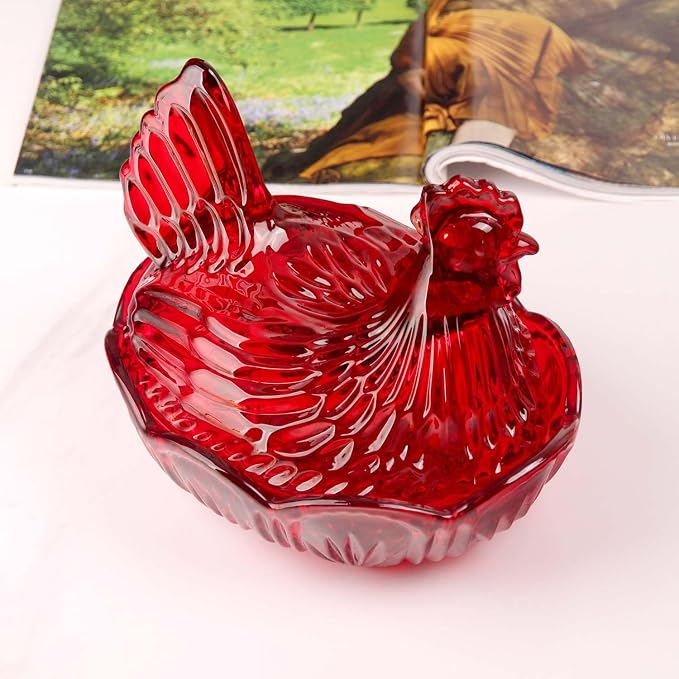 Crystal Glass Hen-Shaped Candy Server,Pastoral Style Candy Bowl with Lid,Red Tabletop Decor Dessert Plate Snack Bowl Egg Tray