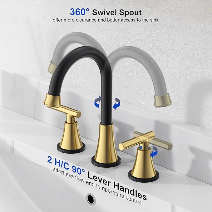 Bathroom Faucets for Sink 3 Hole, Hurran Black& Gold Bathroom Sink Faucet with Pop-up Drain and Supply Lines, Stainless Steel Lead-Free Widespread Faucet for Vanity RV, 2 Pack