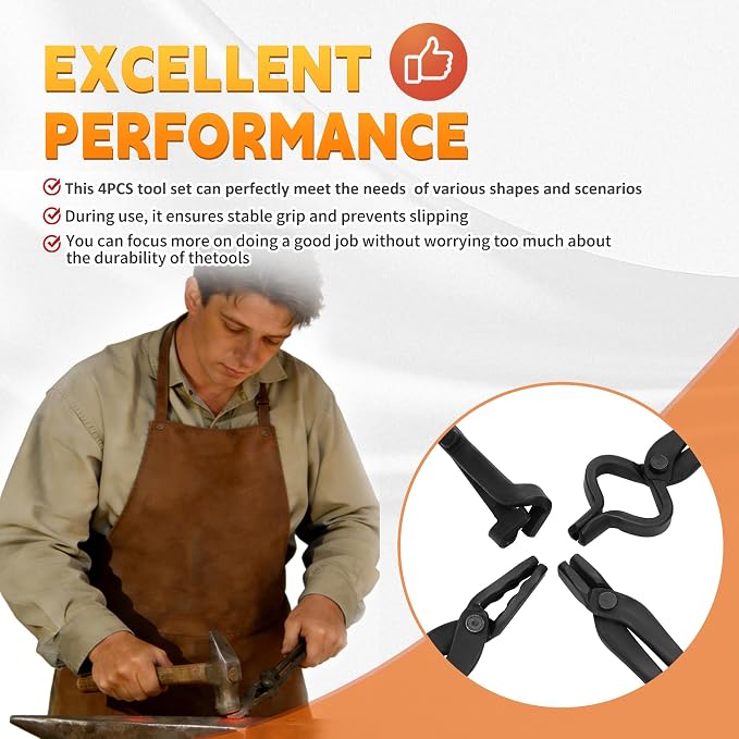 Blacksmith Tongs Set 4PC: Wolf Jaw Tongs, V-Bit Bolt, Flat, Blade; Blacksmith Tools Set for Knife Making Forge Tongs, High-Strength Forged Steel for Blacksmith & Bladesmiths
