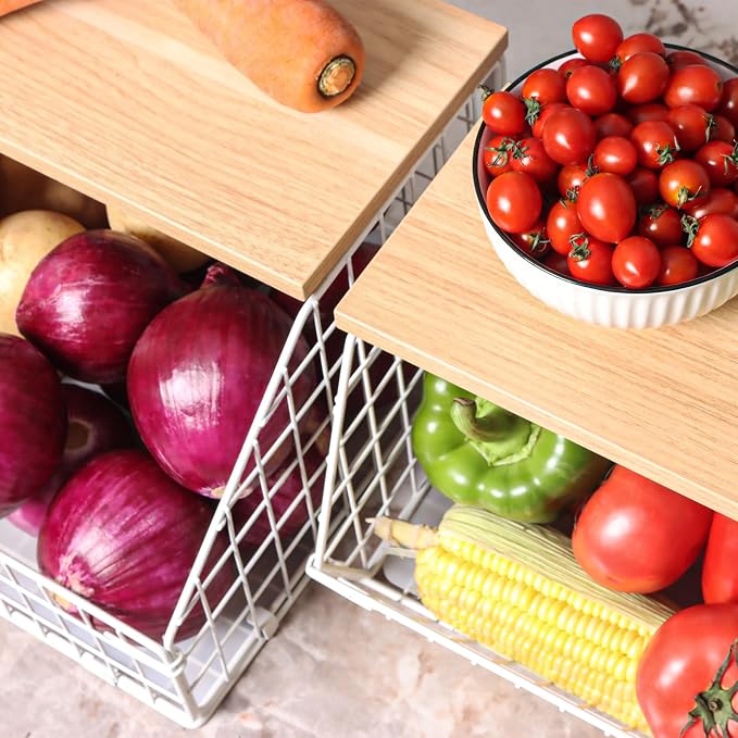 Mefirt White Fruit Bowl, 2-Tier Fruit Basket for Kitchen Counter, Stackable Wall Mounted Veggie Storage, Snack Organizer, Potato and Onion Storage Basket, Hanging Pantry Organizer with Wood Lid, 2 Set
