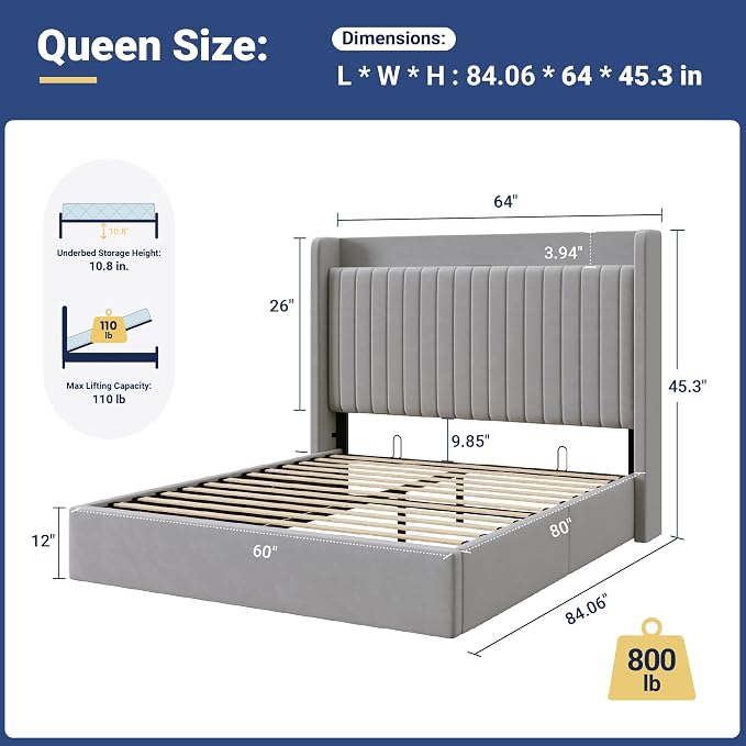 Allewie Queen Lift Up Storage Hydraulic Bed Frame,Charging Station,Grey | Storage Shelf Headboard with Charging Station,Type-C,USB Ports,Hydraulic Support,Velvet Upholstered,No Box Spring Needed