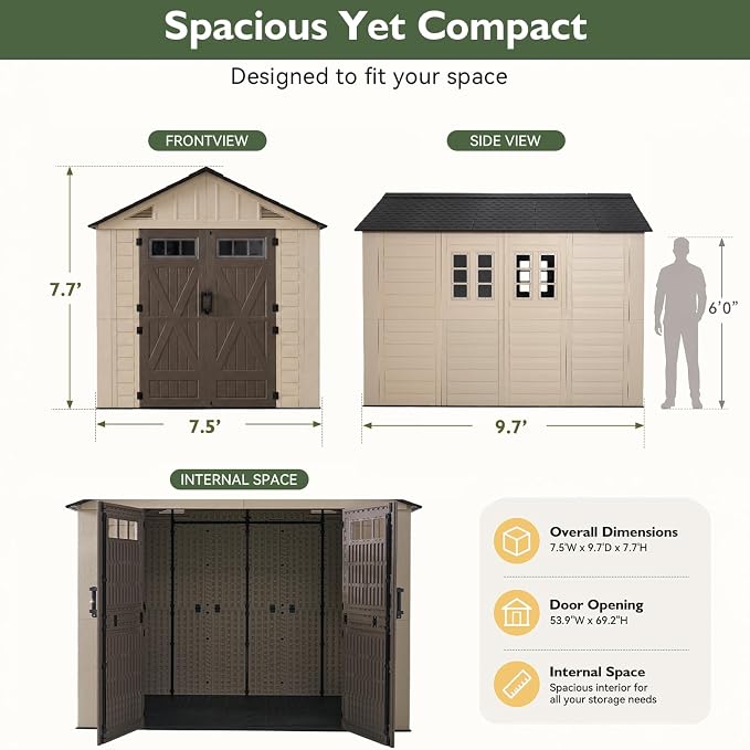 Aoxun 8x10 Ft Outdoor Storage Shed with Floor, Large Resin Outdoor Shed with Lockable Door & Windows, Garden HDPE Sheds for Lawn Tools, Pool Supplies & Bikes