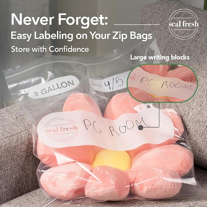 Seal Fresh 3 Gallon Large Plastic Storage Bags – 16" x 18" (15 Count) – Reusable XXL Extra Large Clear Jumbo Zip Bags with Sealable Zipper Top For Clothes, Travel, Moving