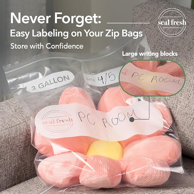 Seal Fresh 3 Gallon Large Plastic Storage Bags – 16" x 18" (30 Count) – Reusable XXL Extra Large Clear Jumbo Zip Bags with Sealable Zipper Top For Clothes, Travel, Moving