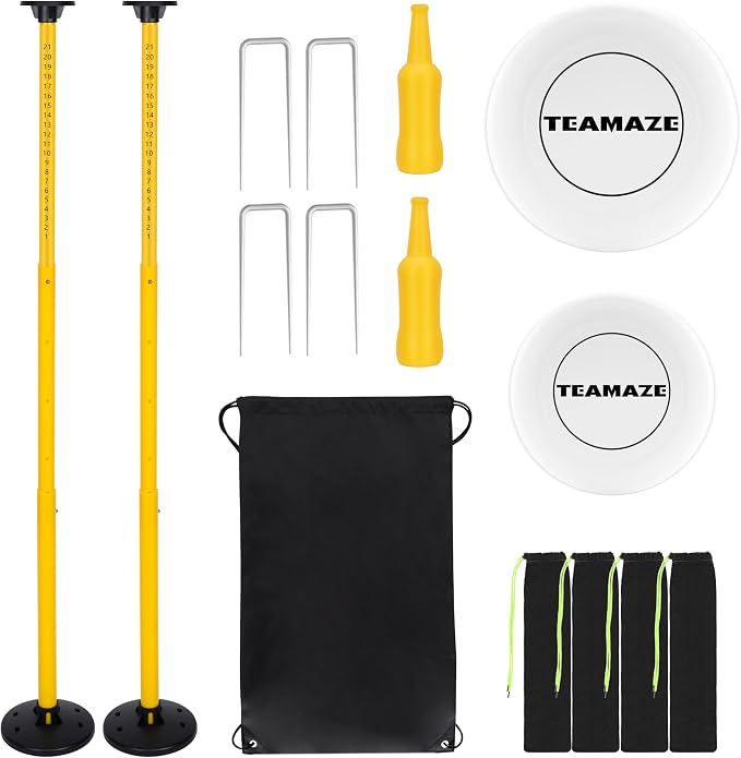 Flying Disc Game Set with Height-Adjustable Poles & Score Tracker | Outdoor Bottle Toss Game for Beach, Lawn, Camping, Polish Horseshoes Set for Family & Friends Party Games