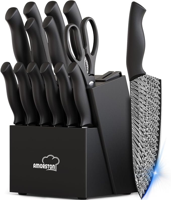 Knife Set, 15-Piece Kitchen Knife Set with Built-in Sharpener Block, German High-Carbon Stainless Steel, Dishwasher Safe, for Home Cooks and Everyday Meal Prep