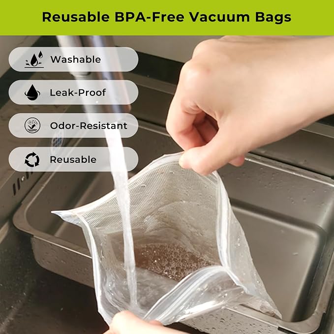 Handheld Vacuum Sealer for Food with 30 Reusable Vacuum Bags | 65kpa Compact Portable Pump, USB-C Rechargeable, One-Touch Auto Stop, Food Storage, Meal Prep, Freezer And Sous Vide