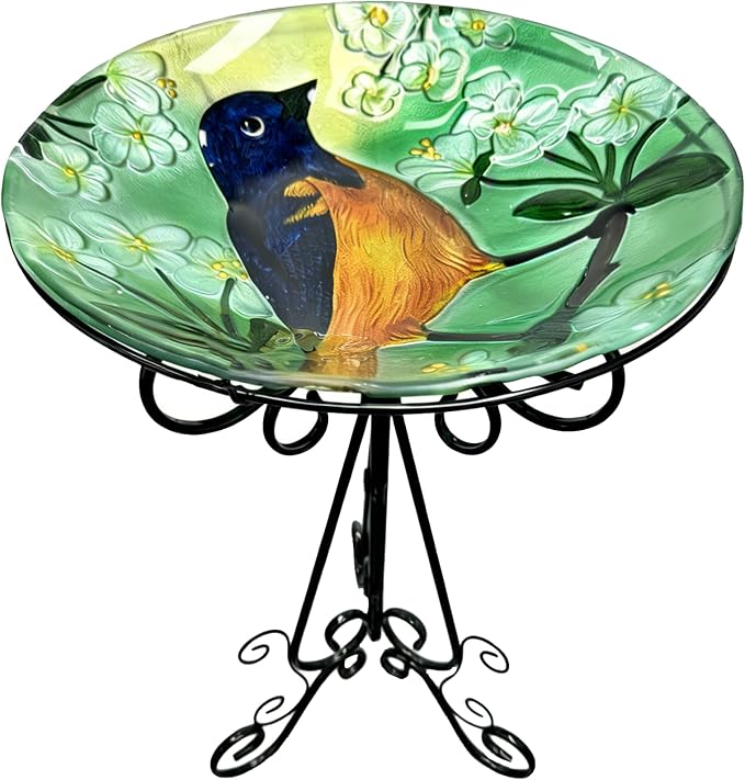 Large Glass Bird Bath with Metal Stand, Baltimore Oriole | 18" Wide Bowl, 3.2" Bathing Depth, Thick Glass Construction, Stable 3-Leg Base, Easy Clean Surface, Garden Decor