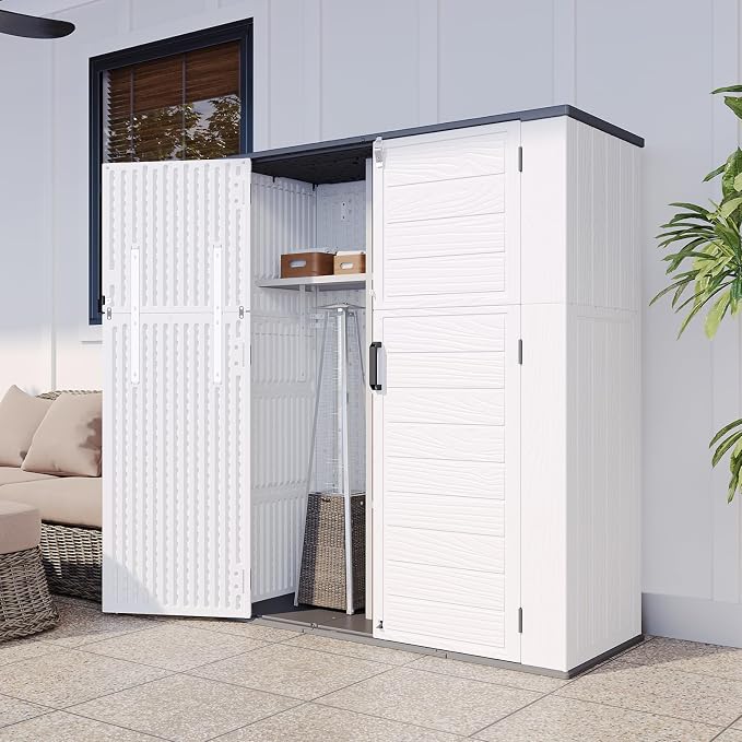 Aoxun Outdoor Storage Shed with Floor, 61 Cu.Ft Large Outdoor Storage Cabinet, Waterproof Vertical Resin Shed for Garden Tools, Pool Equipment, Grey White