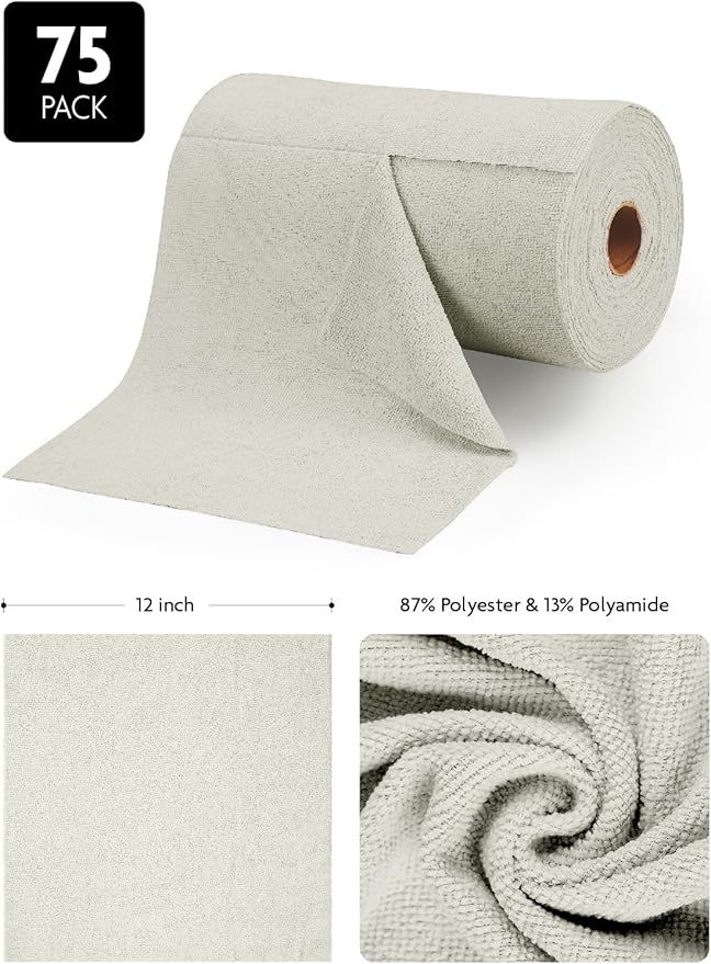 Fantasticlean Microfiber Cleaning Cloth Roll -75 Pack, Tear Away Microfiber Towels, 12" x 12", Reusable, Washable, Scratch Free, Ultra Absorbent Dishcloth for All-Around Cleaning Supplies (Cool Grey)