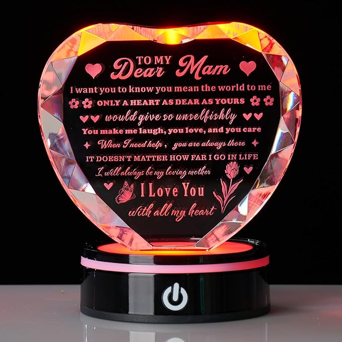 Crystal Heart Birthday Gifts Ideas for Mother from Son Daughter Moms Mother's Day Mothers Day Gifts for Mom Romantic Best Unique Keepsakes Presents with Colorful LED Base Gift (Mom Gifts)