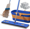 16.5" Self Wringing Flat Mop and Collapsible Bucket Set - Hands-Free Wet & Dry Microfiber Mop with Built-in Squeegee & 5 Washable Pads - Floor Cleaner for Hardwood, Laminate, and Tile