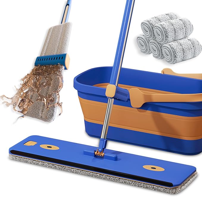 16.5" Self Wringing Flat Mop and Collapsible Bucket Set - Hands-Free Wet & Dry Microfiber Mop with Built-in Squeegee & 5 Washable Pads - Floor Cleaner for Hardwood, Laminate, and Tile