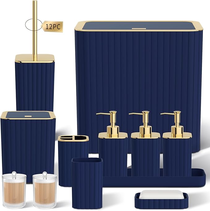 Bathroom Accessory Set - Bathroom Set, 12PC Bathroom Accessories Set, Navy Blue Bathroom Accessories Set, Mini Trash Can, Toilet Brush, Trash Can & Soap Dispenser