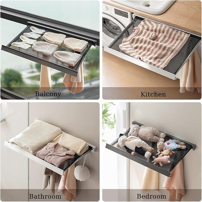 Clothes Drying Rack, Balcony Clothes Drying Net, Drying Rack Wall Mount With Hooks, Space Saving, Invisible Storage, Laundry Drying Rack For Shoes,Socks, Underwear, Gray/Black/White(Black,60cm)
