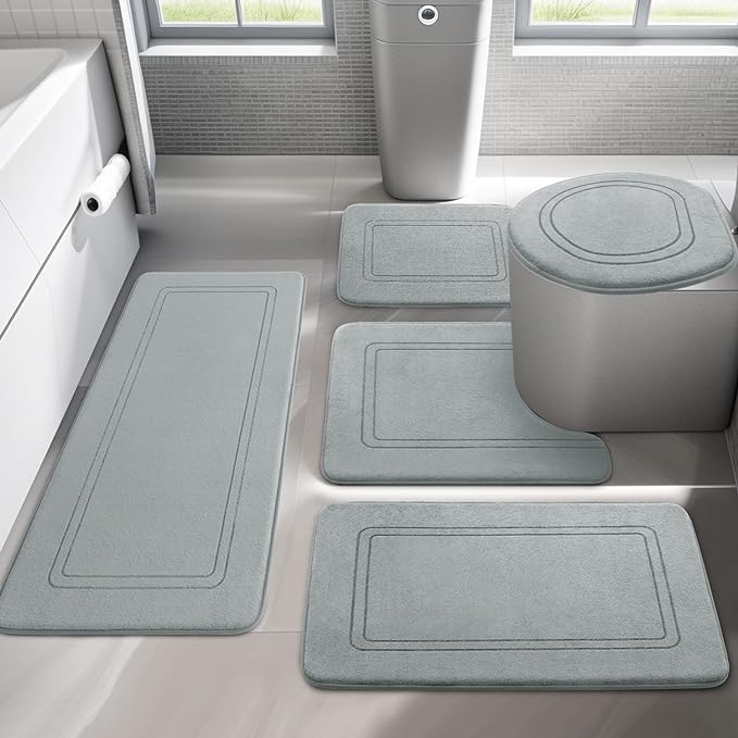 YIHOUSE Light Grey Memory Foam Bathroom Rug Set, 5 Piece Absorbent NonSlip Bath Mat for Bathroom, Washable Dry Quickly