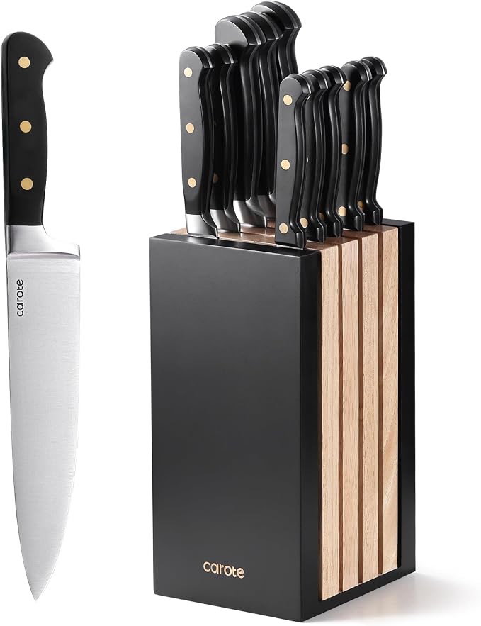 CAROTE 11 Pieces Knife Set with Block for kitchen, Stainless Steel Razor-Sharp Blade, Triple Riveted Ergonomic Handle, Wooden Magnetic Block, Essential Knife Block Set, Black