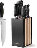 CAROTE 11 Pieces Knife Set with Block for kitchen, Stainless Steel Razor-Sharp Blade, Triple Riveted Ergonomic Handle, Wooden Magnetic Block, Essential Knife Block Set, Black