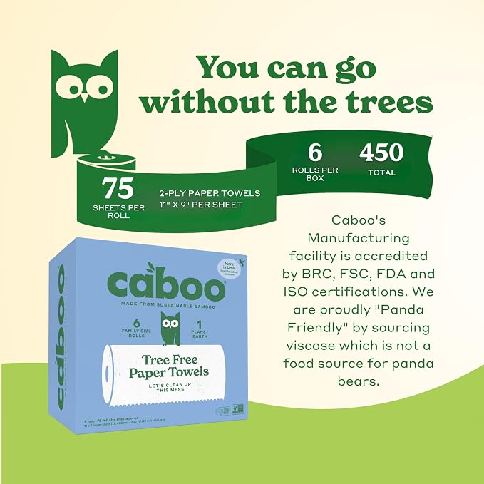 Caboo Tree Free Paper Towels, 6 Family Size Paper Towel Rolls, 2 Ply Sheets | Made with Bamboo Viscose, Plastic Free Packaging, Strong & Super Absorbant, Hypoallergenic, BPA & Chemical Free