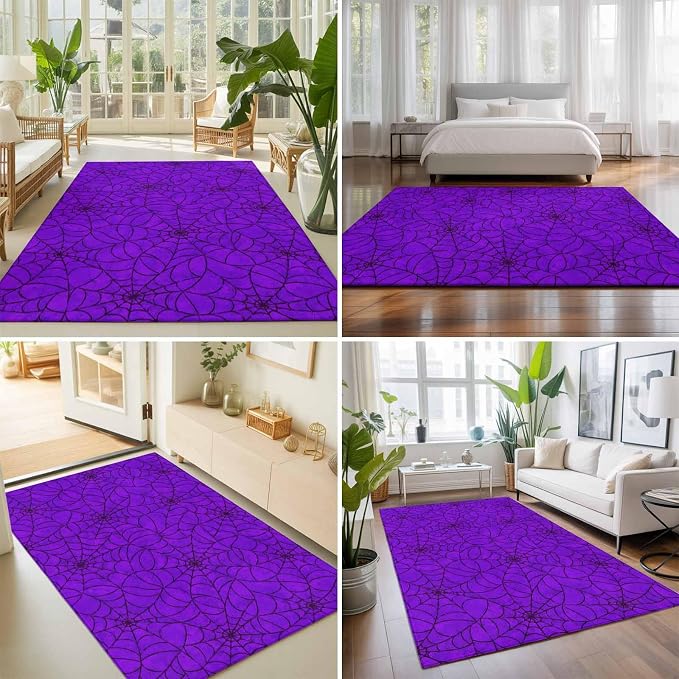 Area Rug 3'x5', Purple Halloween Washable Large Area Rugs for Kitchen Bedroom Laundry Bathroom Office, Black Spiders Net Classic Gingham Non Slip Door Mat Indoor Entryway Floor Accent Throw Carpet