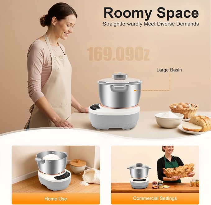 5L/169.09Oz Electric Dough Maker, 200W Household Dough Mixer Machine Complete Kit,170Rpm 304 Stainless Steel Commercial Tabletop Stand Mixers w/Measuring Cup, Measuring Spoon (Silver)