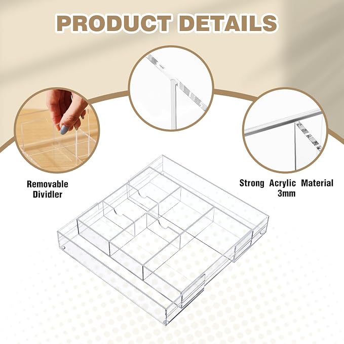 Briwooody 1 Pcs Acrylic Desk Drawer Organizer 9'' up to 18'' x 12'' x 2.1'' Expandable Drawer Organizer Trays with 8 Adjustable Compartments Clear Desk Accessories for Makeup Office Bathroom