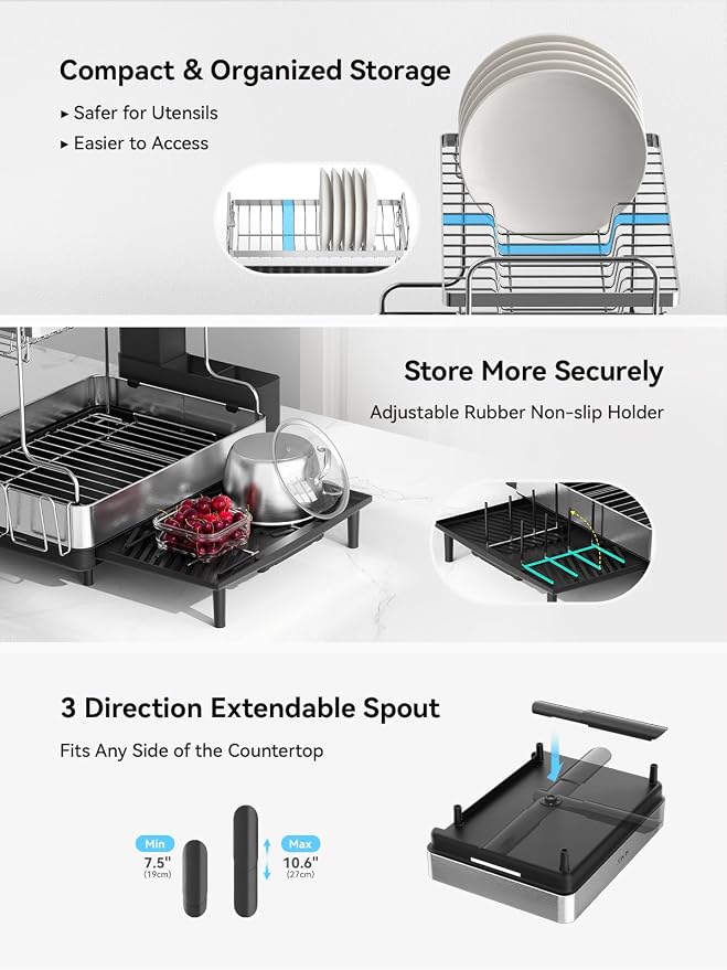 2 Tier Dish Drying Rack, Extra Large Dish Rack, Expandable Dish Racks for Kitchen Counter, Multifunctional Large Dish Drainers for Kitchen Counter, Black